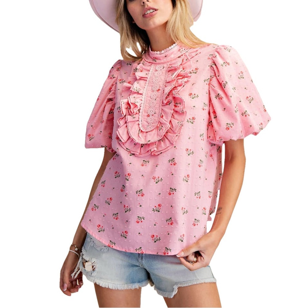 Pink Floral Ruffle Front Puff Sleeve Blouse - Picture 3 of 7